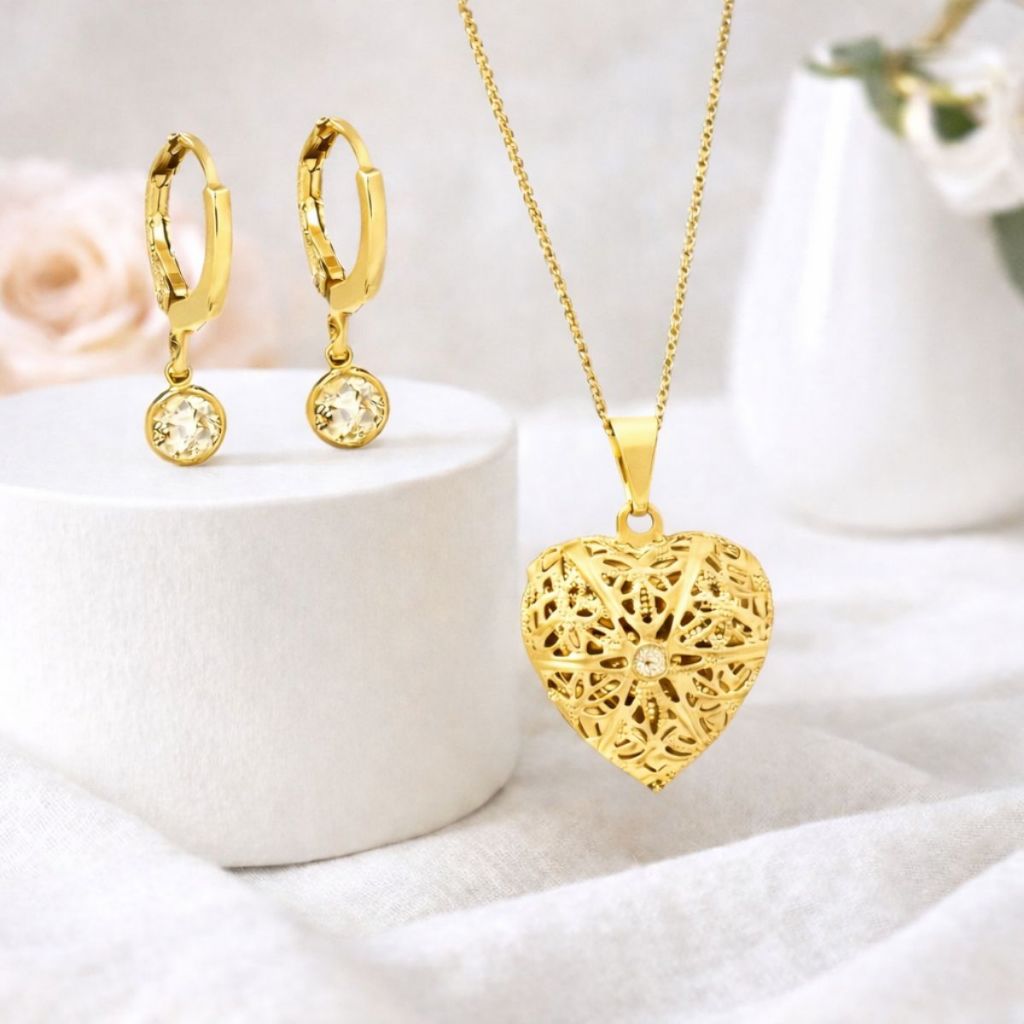 Conjunto Colar + Brincos Relicário com 1 foto inclusa + caixa personalizada Banhado a Ouro 18k