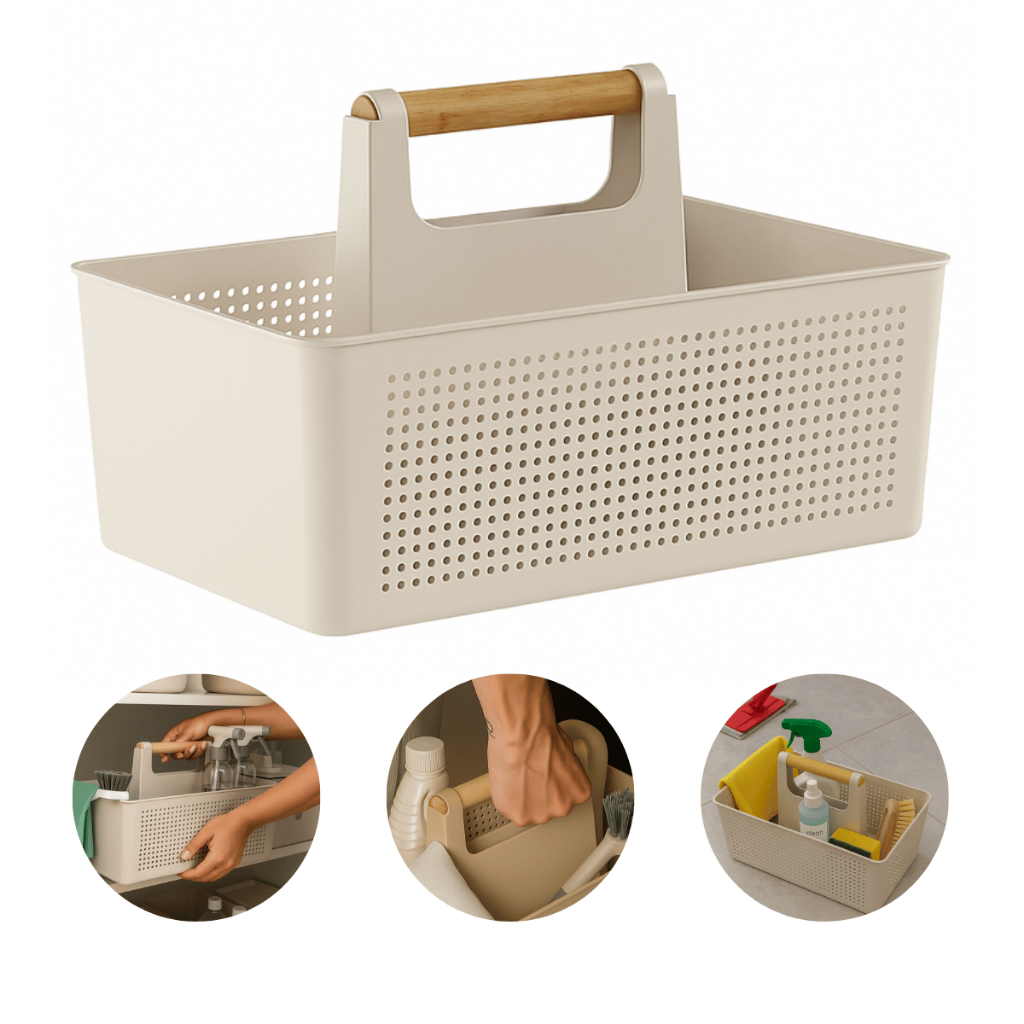 Cesto Caixa Organizadora Multiuso para Lavanderia Domesticos com Alça de Bambu 8L Linha Flow em Oferta na Shopee