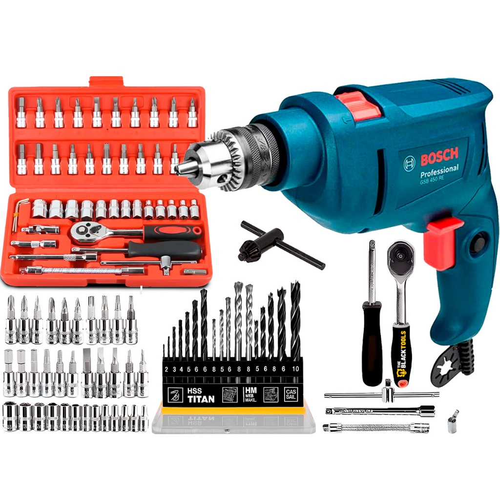 Kit Furadeira Impacto Bosch Gsb 450W 3/8" E Caixa 46 Pçs Soquetes Chave Fenda Philips + Jogo De 16 Brocas Fertak em Oferta na Shopee