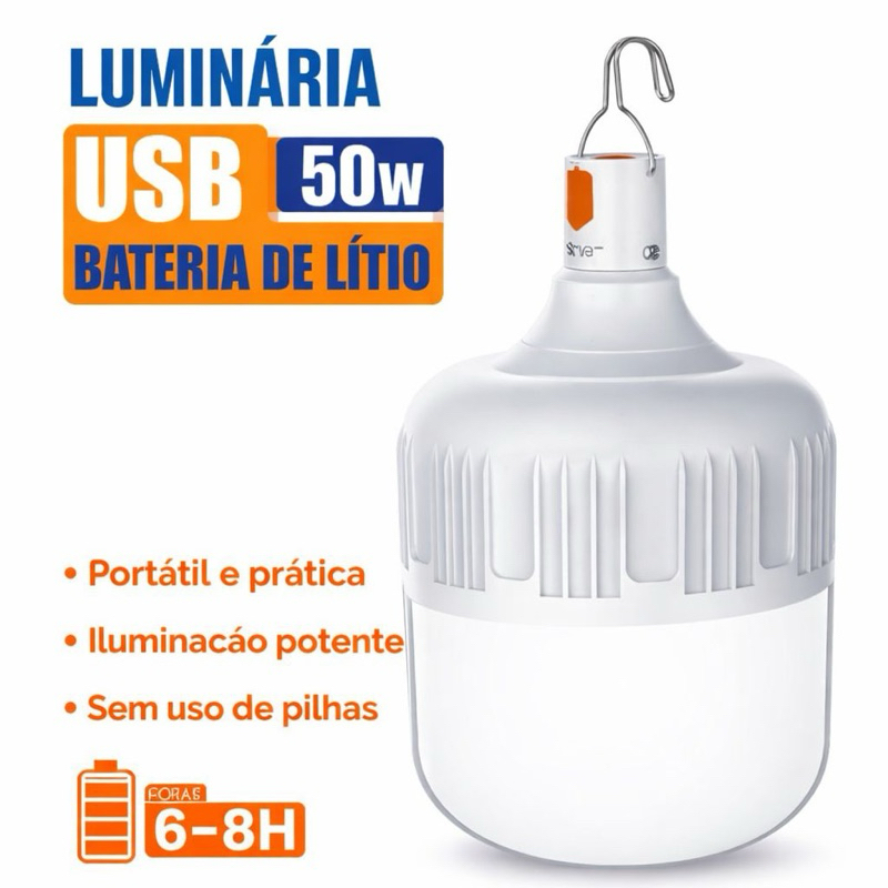 Lâmpada LED USB 50W de emergência com bateria de lítio recarregável, portátil e ideal para camping e uso externo.