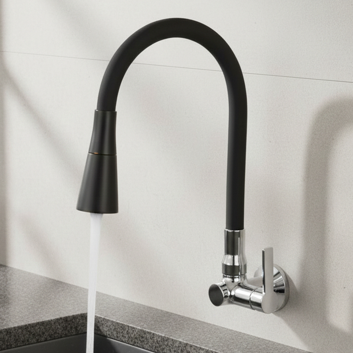 Torneira Para Pia Cozinha Gourmet Flexível Inox Cromada Ou Preta de Bancada ou Parede – Jato Duplo