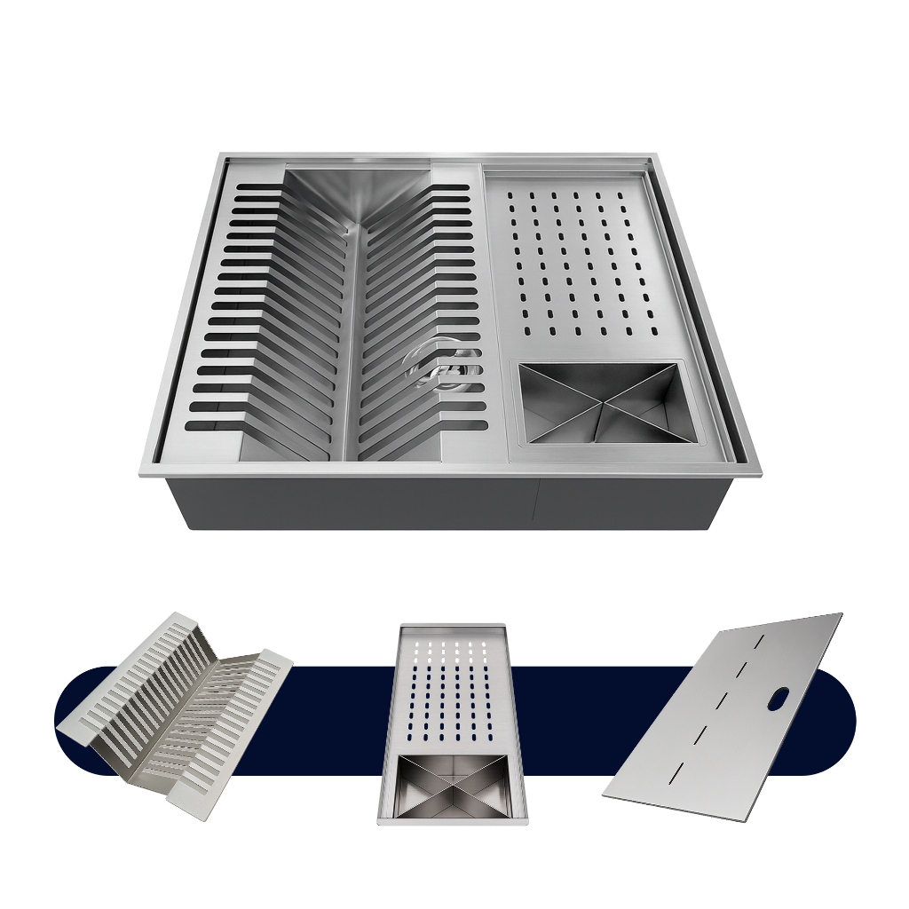 Calha Úmida de Cozinha 50x40 Canal Organizador Com 3 Módulos Tampa Inox 304 Escovada Prata Brinovar