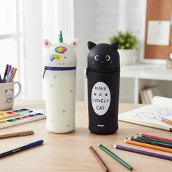 Estojo Bolsinha Escolar de Silicone Menina Unicórnio Gatinho Rosa Estojo Porta Treco Nécessaire