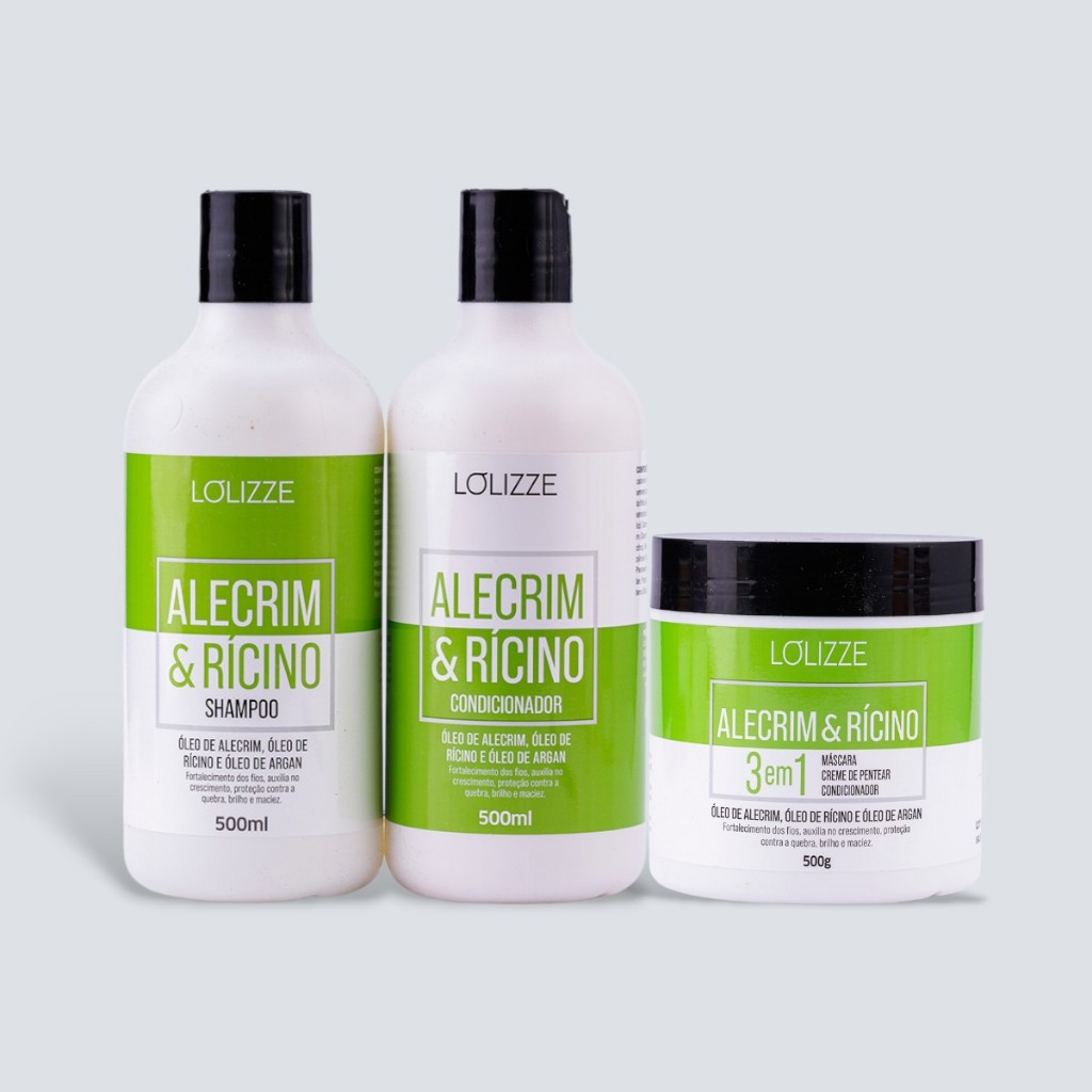 Kit Shampoo, Condicionador + Máscara 500ml Alecrim e Rícino/Fortalecimento Dos Fios - Lolizze em Oferta na Shopee