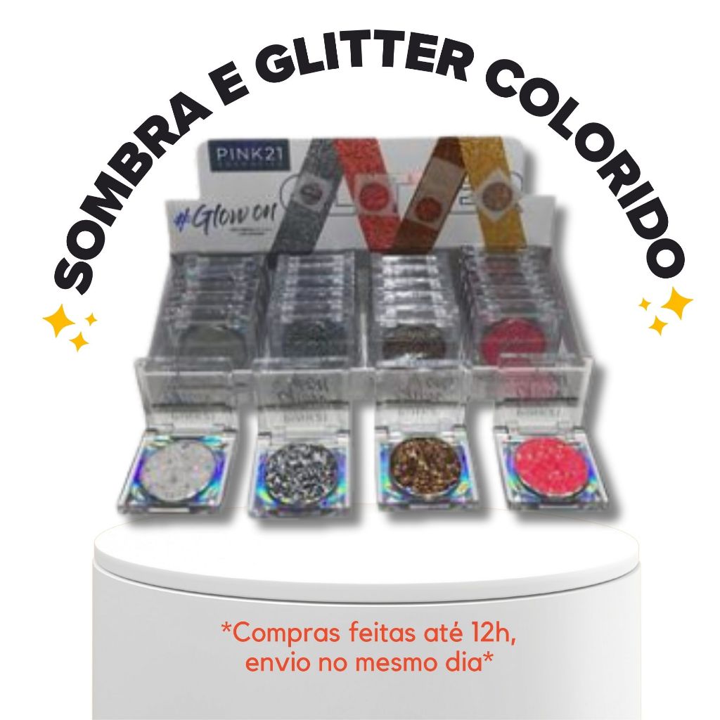 SOMBRA GLITTER #GLOW ON PINK 21 BRANCO PRATA DOURADO ROSA PINK MAQUIAGEM OLHOS CARNAVAL MUITO BRILHO