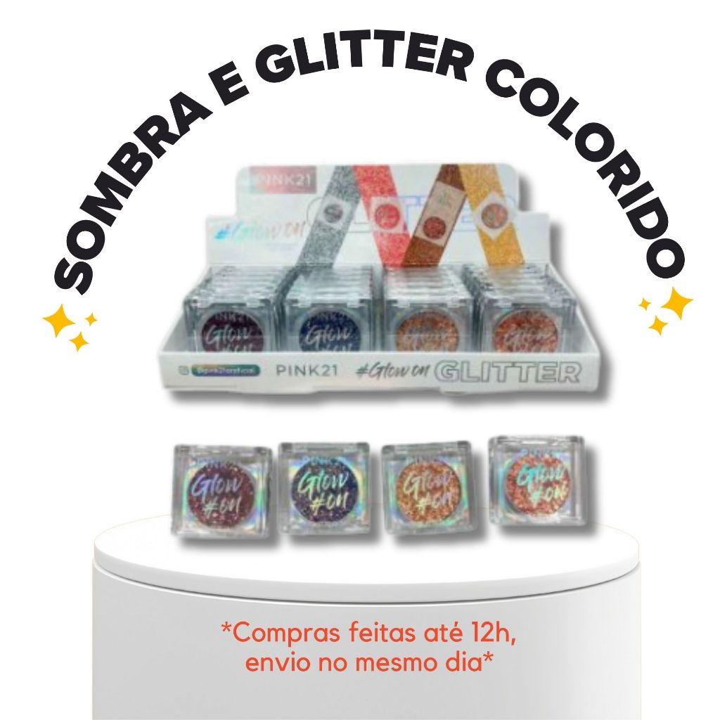 SOMBRA DE BRILHO GLOW ON PINK 21 ROXO AZUL DOURADO ROSA MAQUIAGEM CARNAVAL GLITTER OLHOS CREMOSA ON