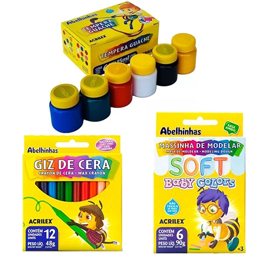Kit 24 Peças Material Escolar Acrilex Massinha de Modelar Giz de Cera Tinta Guache