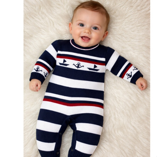 Macacão para bebês listrado em tricô, saída maternidade menino. em Oferta na Shopee