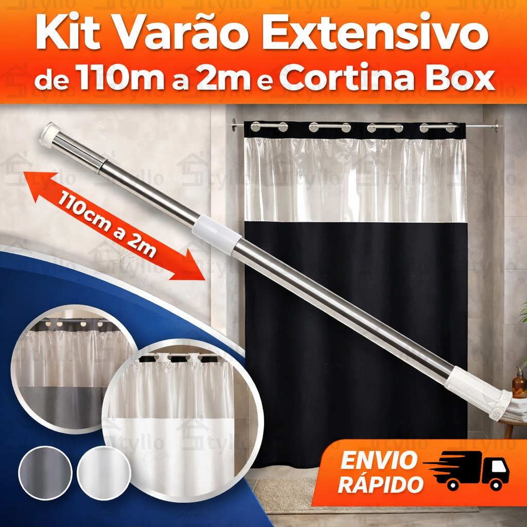 Kit Porta Cortina + Cortina de Box Varão Multiuso Banheiro de Extensível Ajustável