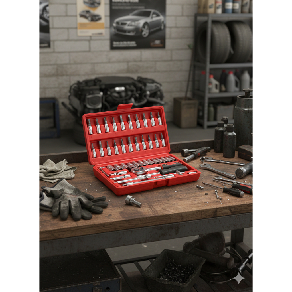 Kit De Ferramentas 46 Peças Jogo De Soquetes Chave Catraca Reversível Com Maleta Jogo De Ferramentas Completo Diversas..