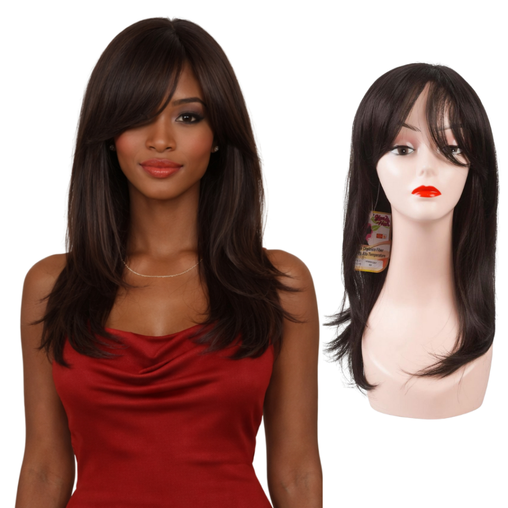 Peruca Organica Ondulada Repicada 50cm Com Franja + Wig Cap em Oferta na Shopee