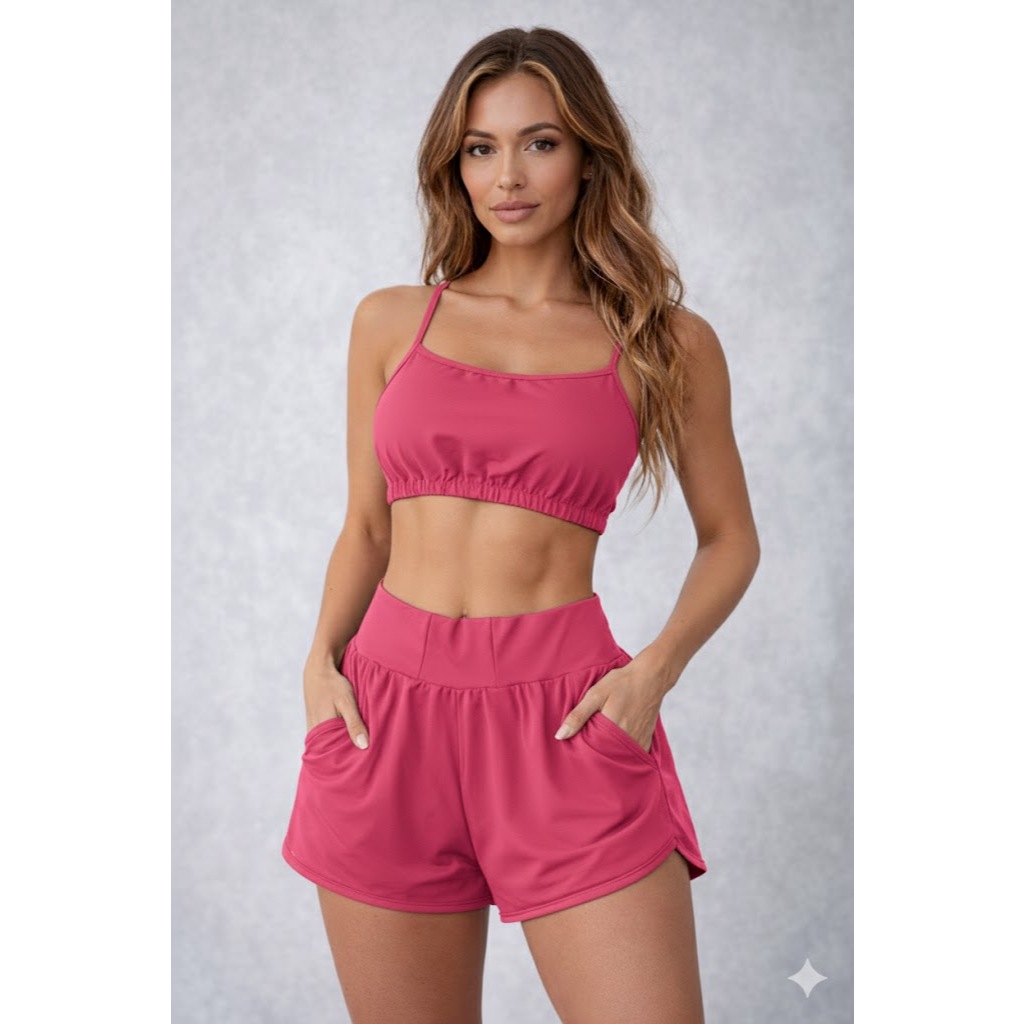 Conjunto Fitness Feminino Roupa de Academia Short com Bolso Top bojo Removivel  Bolsos Cintura Alta