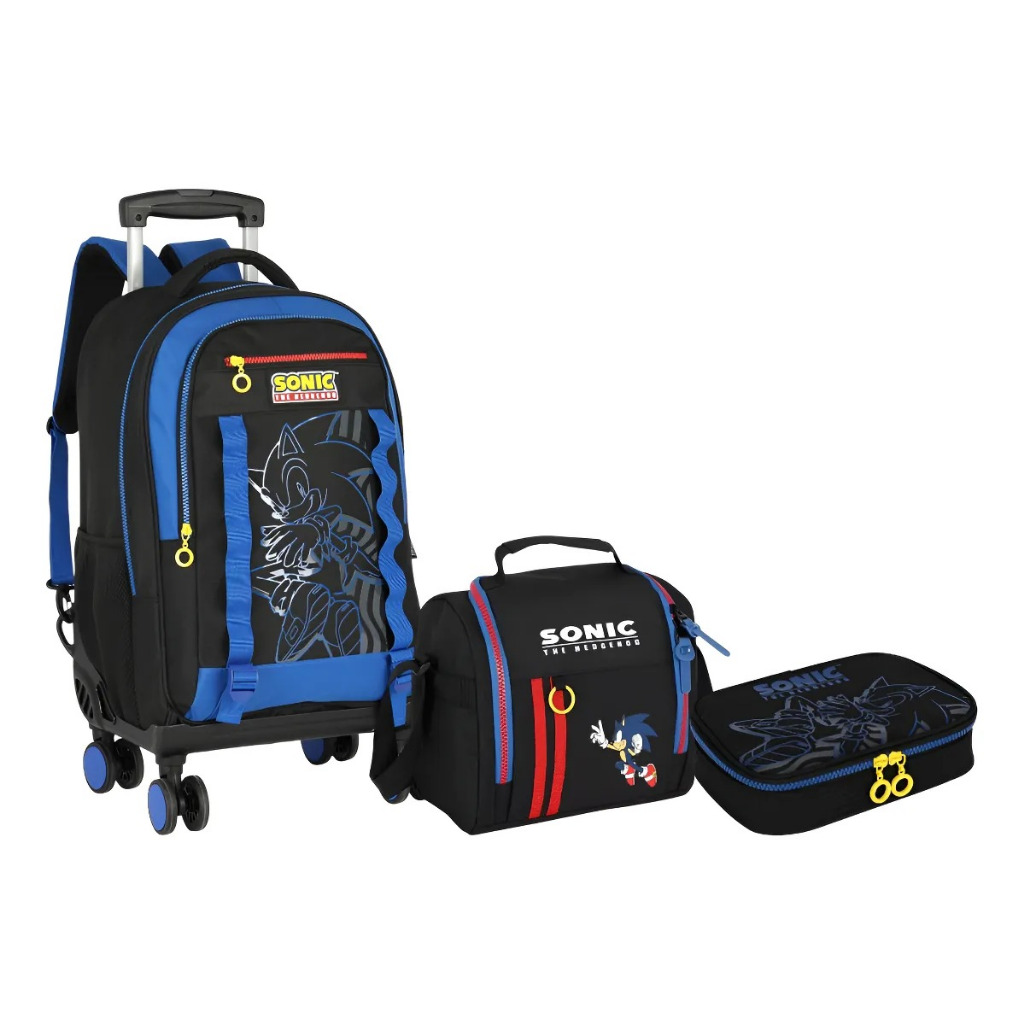 Kit Mochila Juvenil Super Sonic Game 4 Rodinhas Giram 360° Preto Sonic
