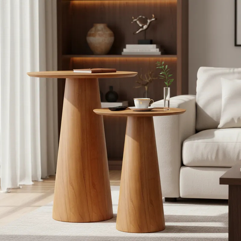 Kit 2 Mesas Laterais Sofá Cone Lâmina De Madeira Natural em Oferta na Shopee