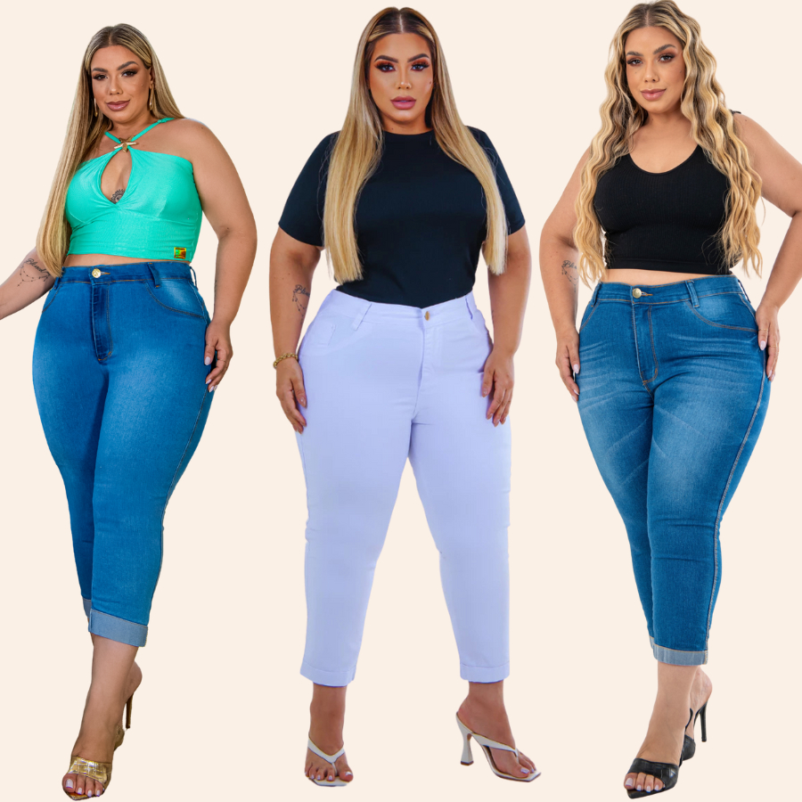 Kit 3 Calças Capri Plus Size Feminina 46–54 Cintura Confortável em Oferta na Shopee