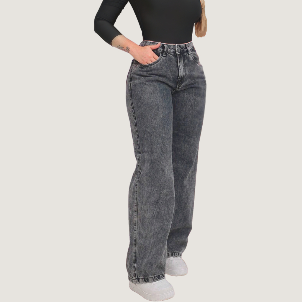 Calça Jeans Feminina Wide Leg Pantalona Cinza Grafite Cintura Alta Moderna Casual Urbana