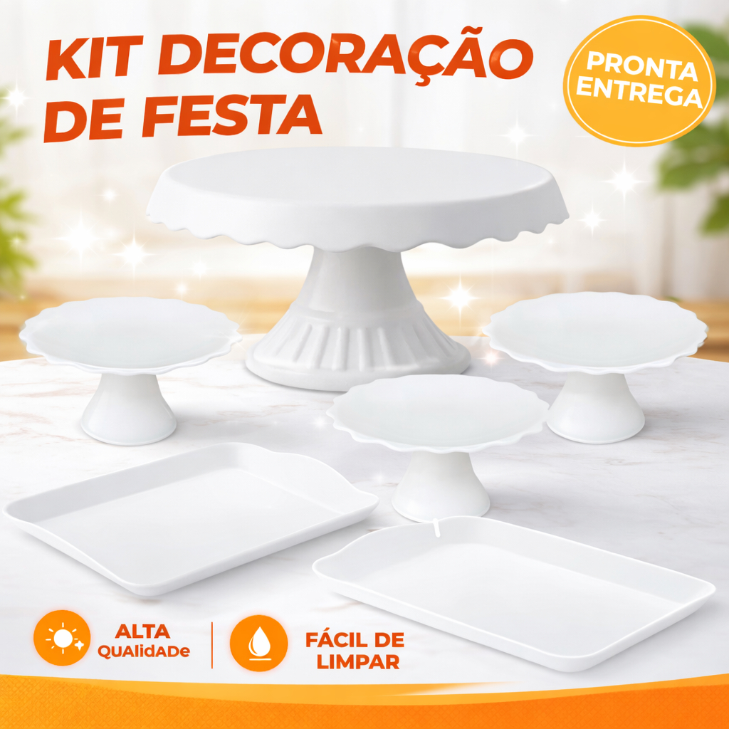 Kit Decoração de Festa 1 Boleira 22cm + 3 Suporte de Doces Mini + 2 Bandejas Mesa Doce Kit Festa