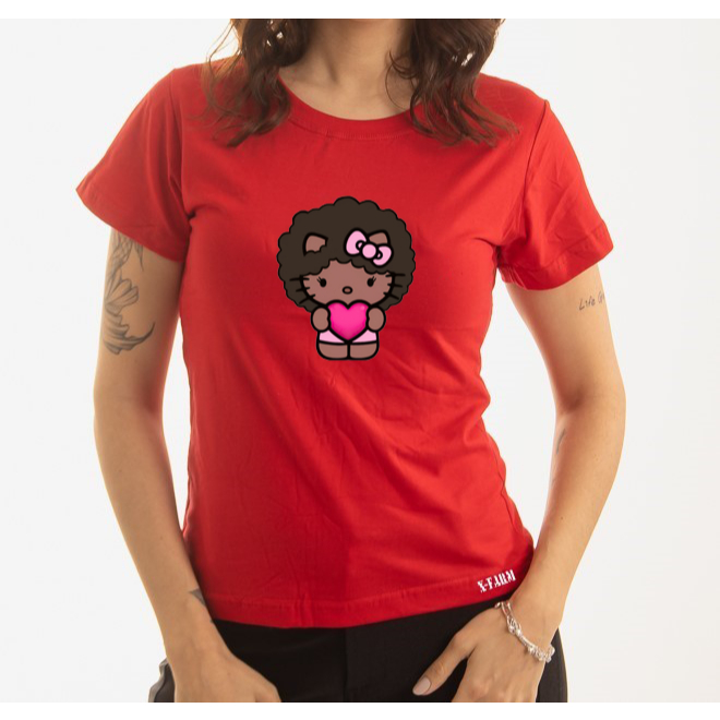 Camiseta T Shirt Feminina 100% Algodão Estampa Afro Kitty Super Confortavél
