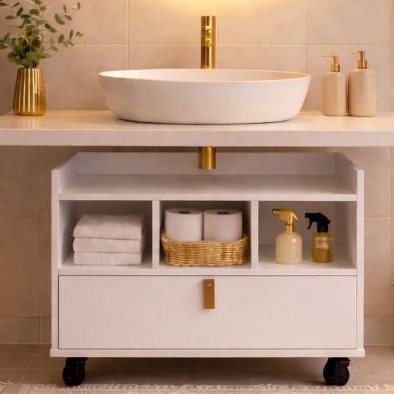 Armário Compacto com GAVETA e NICHO -Para Banheiro E Lavabo 65x47x37 cm -  Gabinete