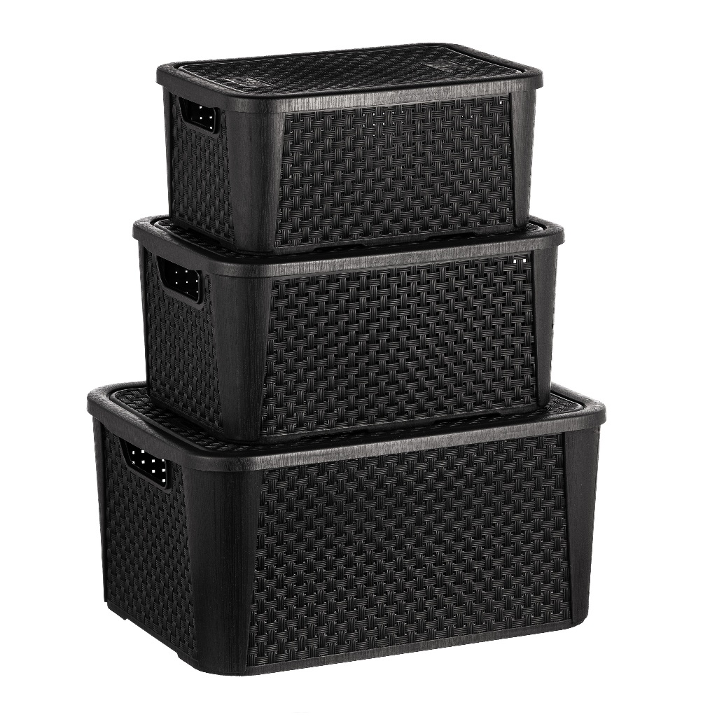Kit 3 Caixa Organizador Rattan P M G organizadores Multiuso preto com tampa Organização cesta organizadora