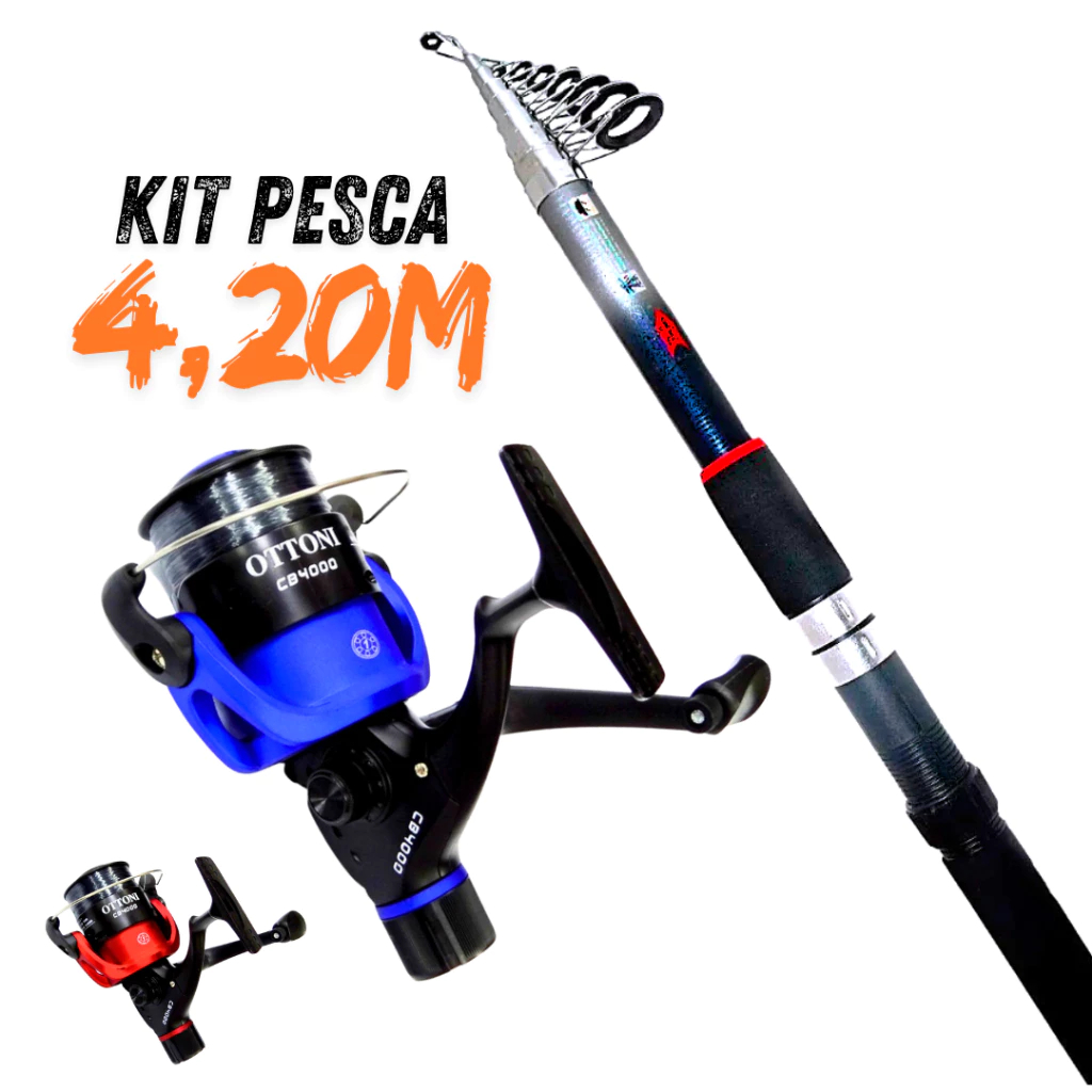 Kit Pesca Peixes Grandes Vara 4,20m + Molinete 4000 com Linha – Praia Rio Pesqueiro Caniço Retratil