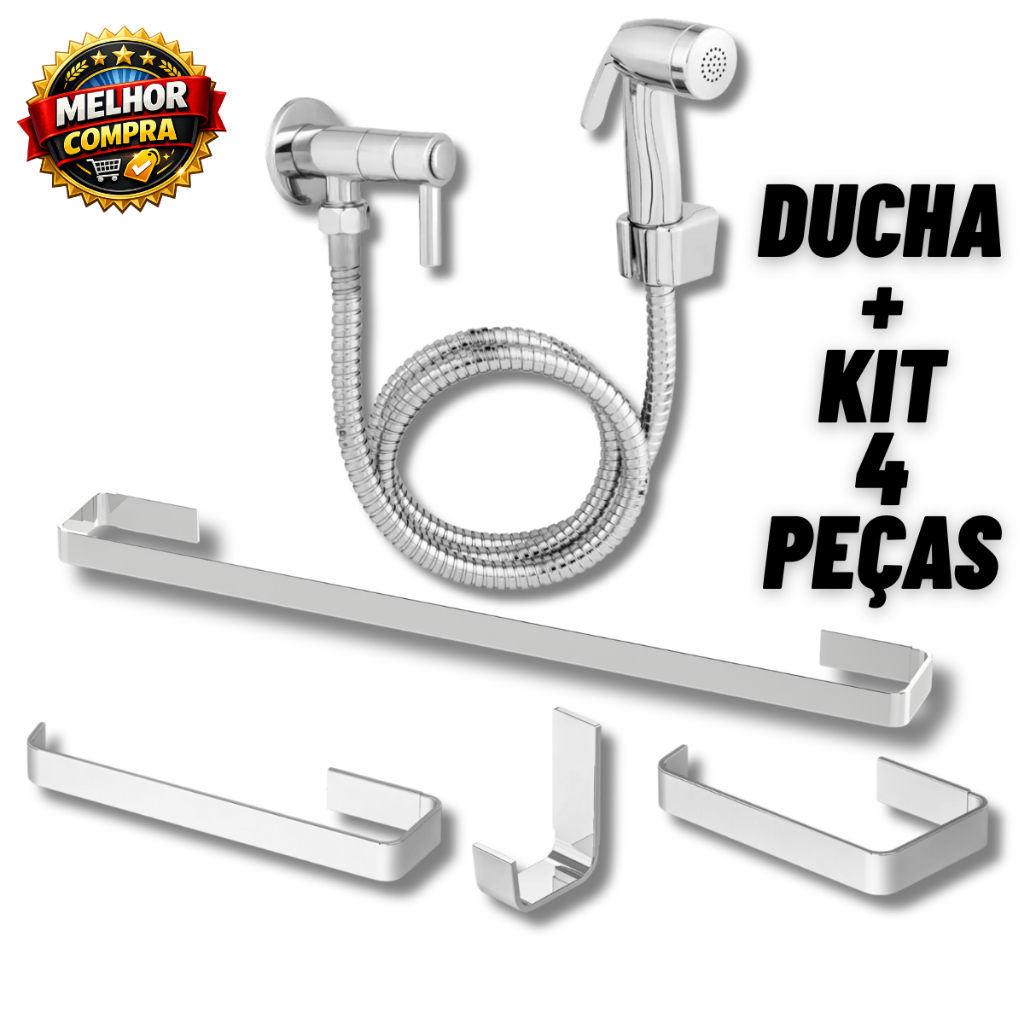 Kit Acessórios Para Banheiro Alumínio 4 Peças + Ducha Higiênica Cromada 100% Completa Mangueira Flexível 120cm 1/4 Volta em Oferta na Shopee