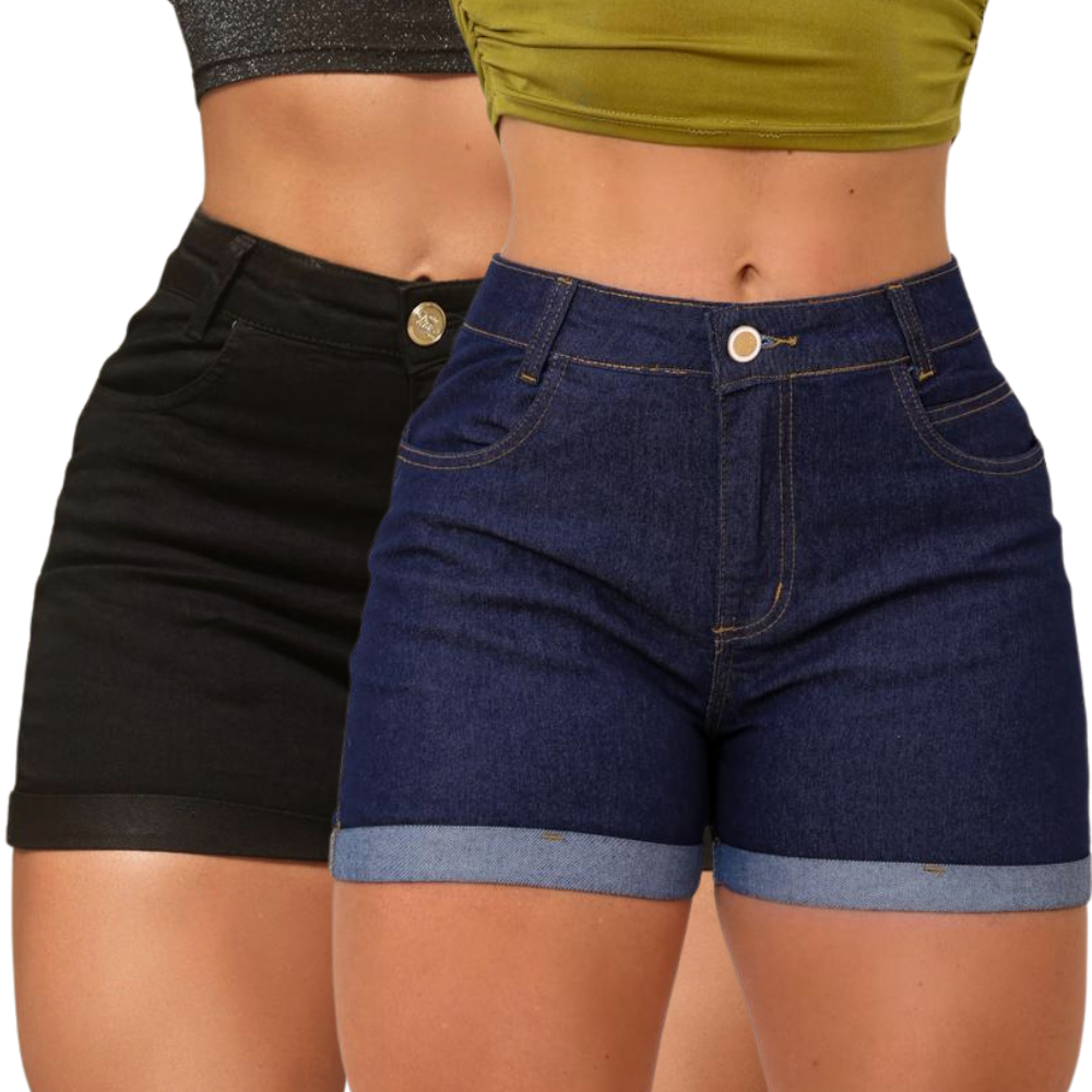 Short Feminino Jeans Barra Dobrada Cintura Alta Shortinho Lycra com Bolsos em Oferta na Shopee