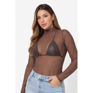 Body Tule Transparente Manga Longa Com Gola Alta Marrom em Oferta na Shopee