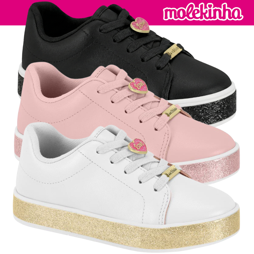 Tênis Infantil Molekinha Brilho Love Estiloso em Oferta na Shopee