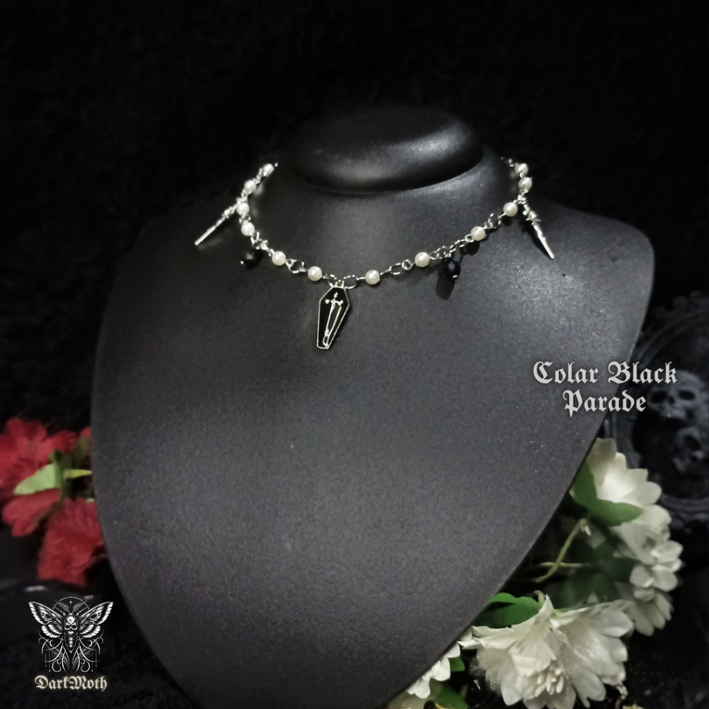 Colar gargantilha Gótico Pingente Caixão contas branca adaga espada gota preto Alternativo Emo Rock Dark moda gótica y2k