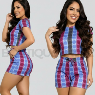 Conjunto Feminino Cropped + Short Estampado Malha Crepe Verão Moda Feminina em Oferta na Shopee