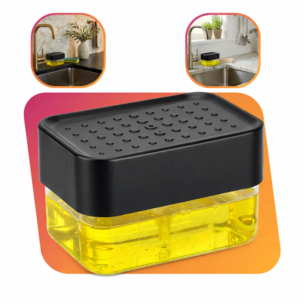 Dispenser Dosador De Detergente Magic Limp Arthi Preta Para Cozinha Lavanderia Com Suporte Para Bucha