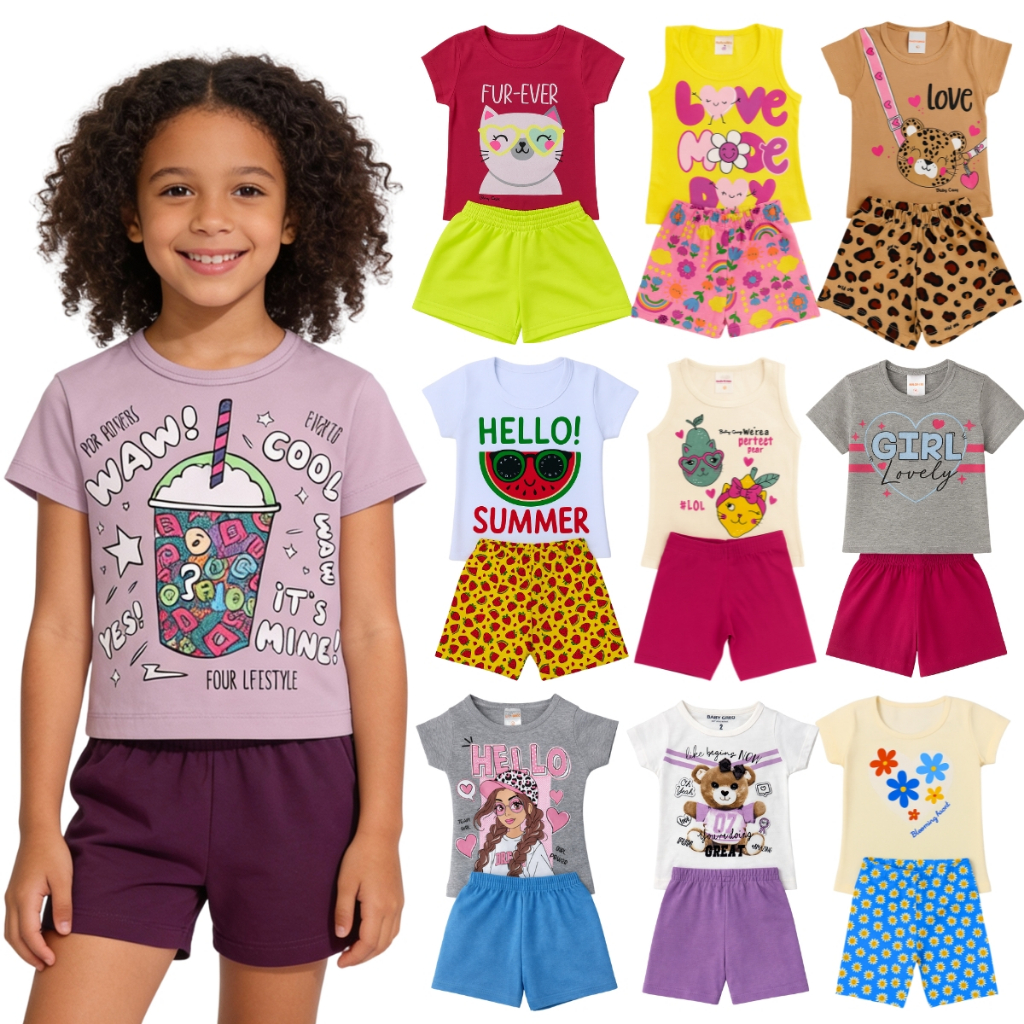 Kit 6 Peças de Conjunto Infantil 1 a 8 anos Verão Calor Menina Roupa Infantil Camisa e Short Criança