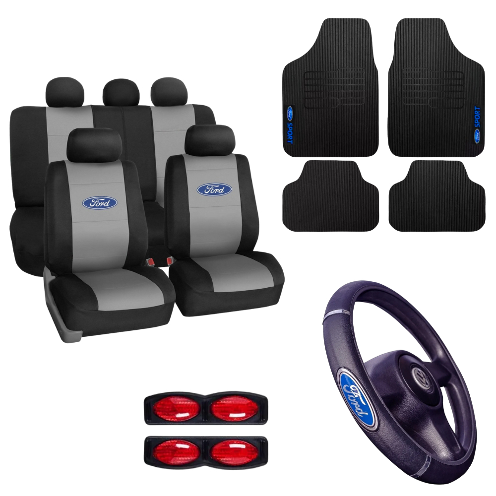 Kit Capa De Couro Banco Carro Ford Ka New Fiesta Hatch Focus Ecosport Escort+Tapete Capa De Volante