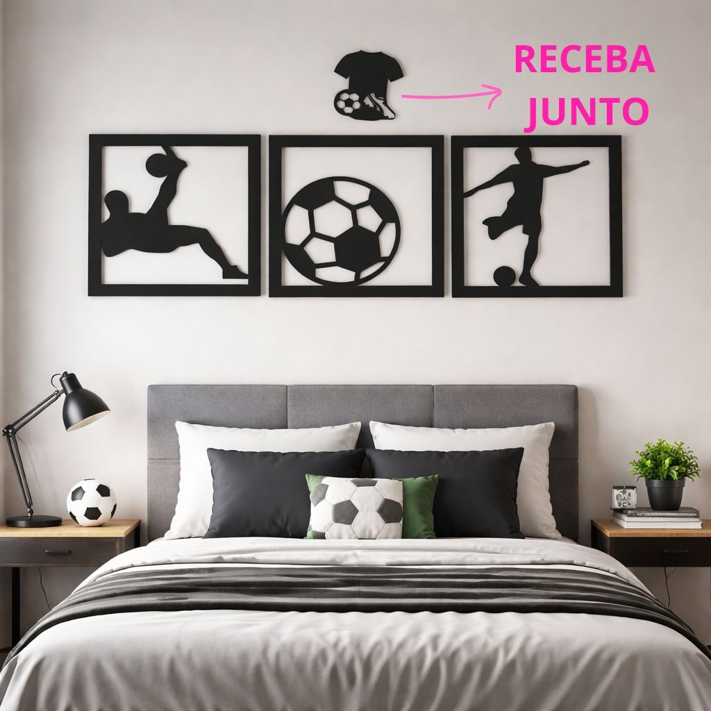 Kit 3 Quadros Decorativos Futebol em MDF Preto 3mm | Bola e Jogador | Parede