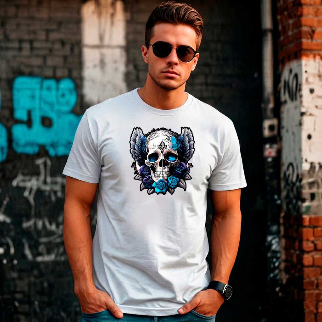 Camiseta Masculina Básica Branca Algodão Gola Redonda Manga Curta Versátil Conforto Macia Estampa Caveira Rosas Azuis