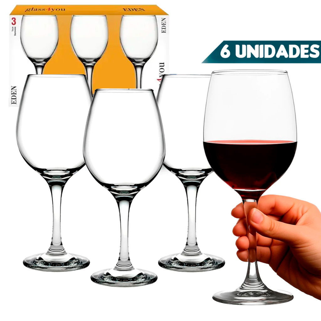 Jogo 6 Taças de Vidro 340ml Original | Taça Vinho Água Sobremesa Cristal Luxo Reforçada em Oferta na Shopee