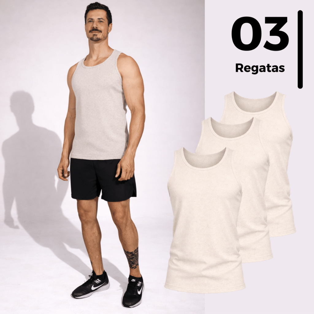 Kit 3 Regata Canelada Masculina Academia Americana Lisa Slim em Algodão Tradicional Elastano Básica