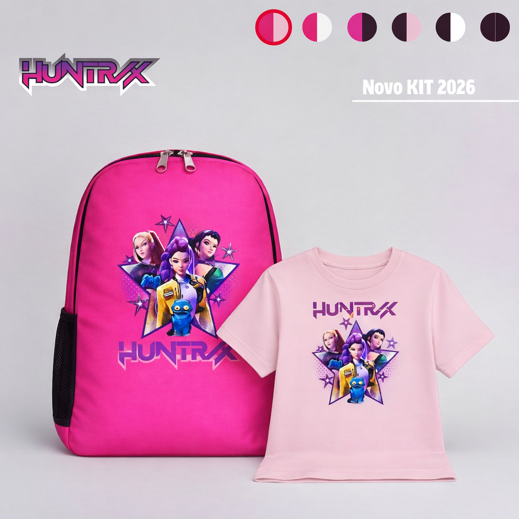 KIT MOCHILA + CAMISETA Infantil Estampado Guerreiras do Kpop Huntrix Volta as Aulas Material Escolar