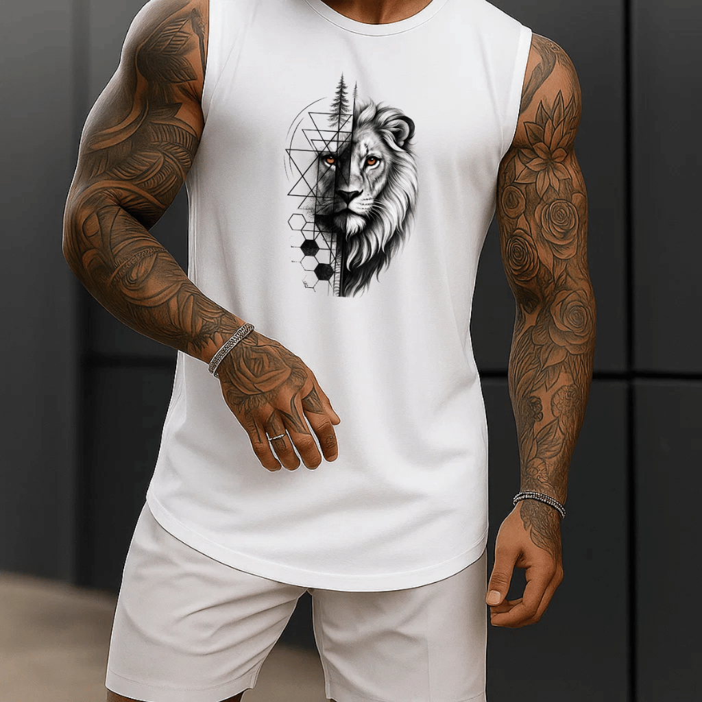 Regata Masculina Cavada Leão Detalhes Academia Algodão 100% Estampada Premium Treino Fitness Casual Streetwear Verão