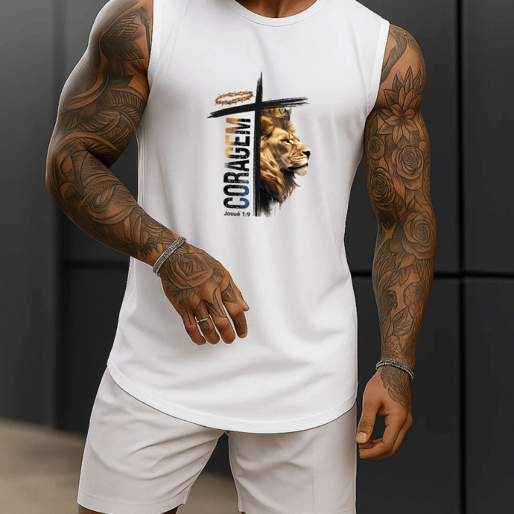 Regata Masculina Cavada Leão Coragem Academia Algodão 100% Estampada Premium Treino Fitness Casual Streetwear Verão