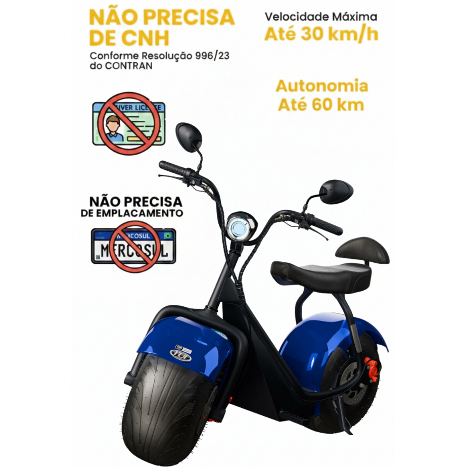 Scooter Moto Elétrica (Sem CNH) 1000W 60V TUI MAIS+ 2 Lugares autonomia até 60km Azul