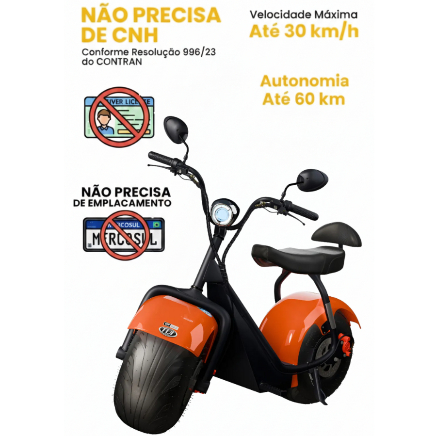 Scooter Moto Elétrica (Sem CNH) 1000W 60V TUI MAIS+ 2 Lugares autonomia até 60km Laranja