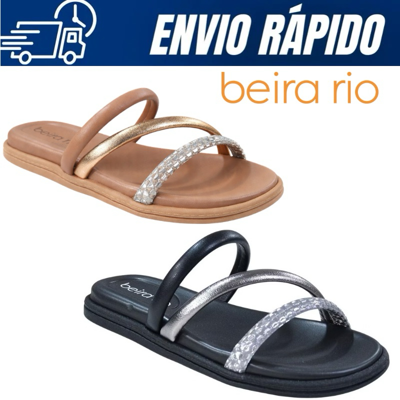 Sandália Papete Beira Rio Feminina Conforto Tiras Metalizadas 8488.108 em Oferta na Shopee