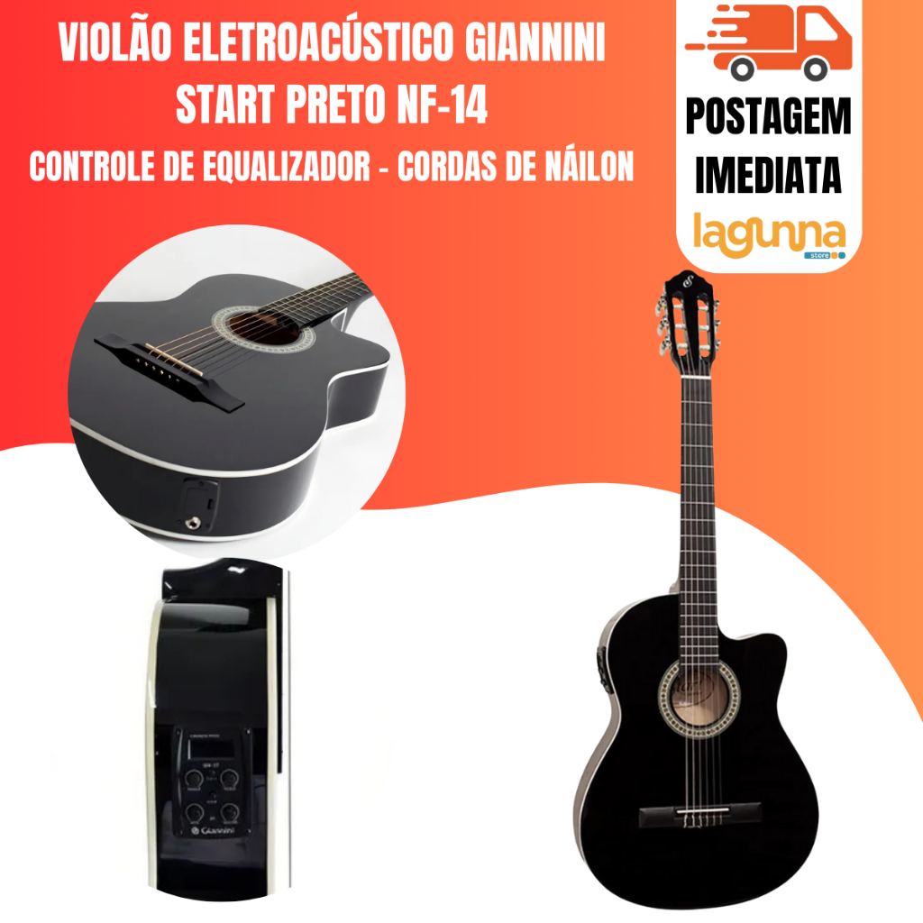 Violão Eletroacústico Giannini Start Nf-14 Ceq Para Destros Preta Bordo Escurecido Verniz Brilhante