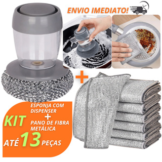 Kit Esponja com Reservatório + Pano Aço Inox Cozinha Limpeza Pesada Panela Fogão Louça em Oferta na Shopee