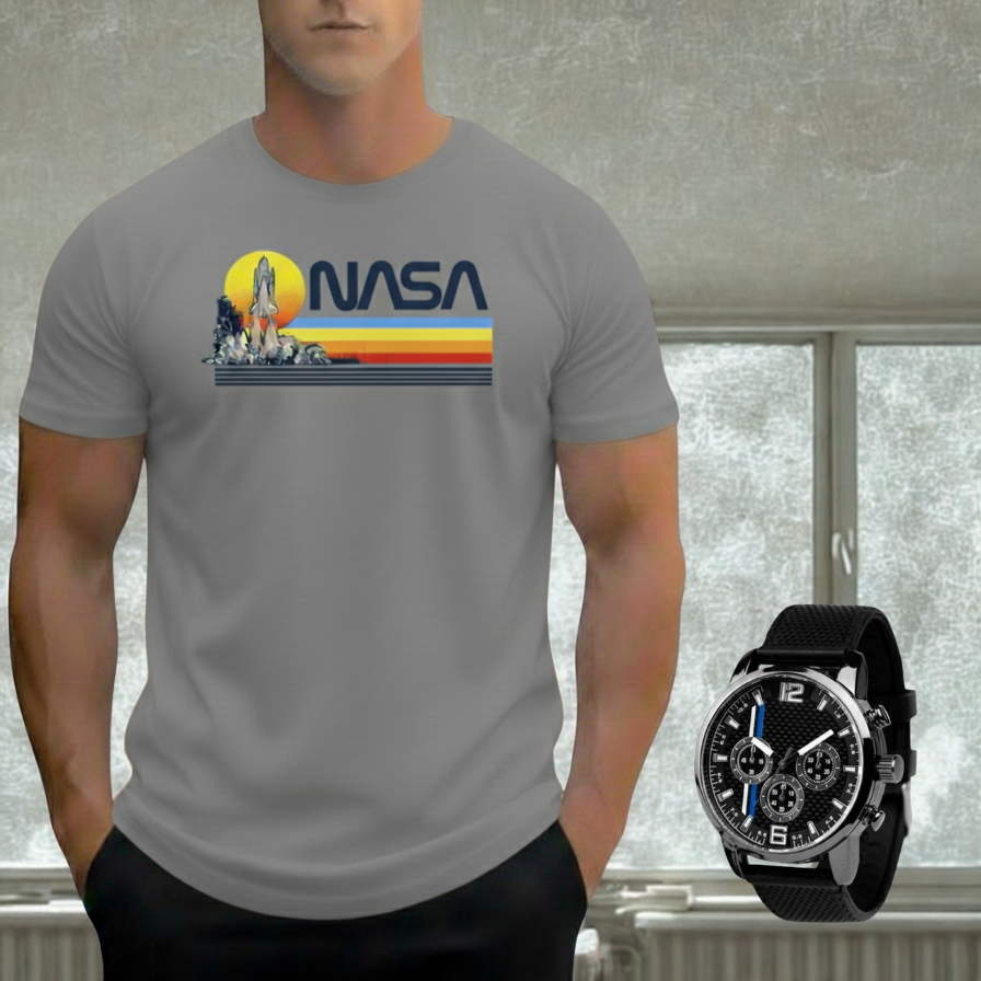 Kit Camiseta Nasa T-shirt 100% Algodão + Relogio Casual Social Analógico Ótimo Presente Envio Imediato