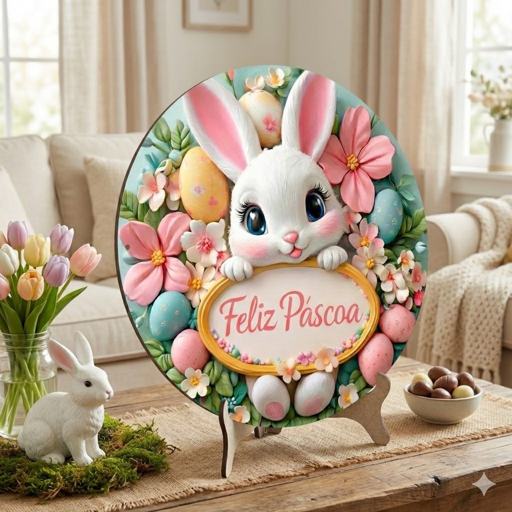 Páscoa decoração quadrinho com suporte para mesa em MDF com 20cm coelho coelhinhos