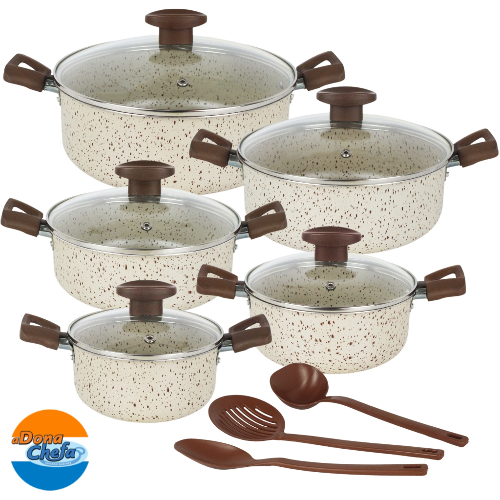 Jogo de Caçarolas Antiaderente Tampa de Vidro 05 Peças Panelas + Utensílios Cozinha Completa - Cores