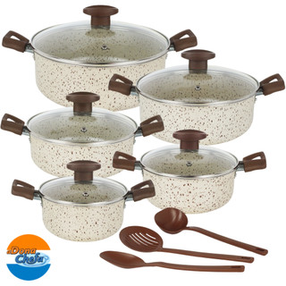 Jogo de Caçarolas Antiaderente Tampa de Vidro 05 Peças Panelas + Utensílios Cozinha Compl…